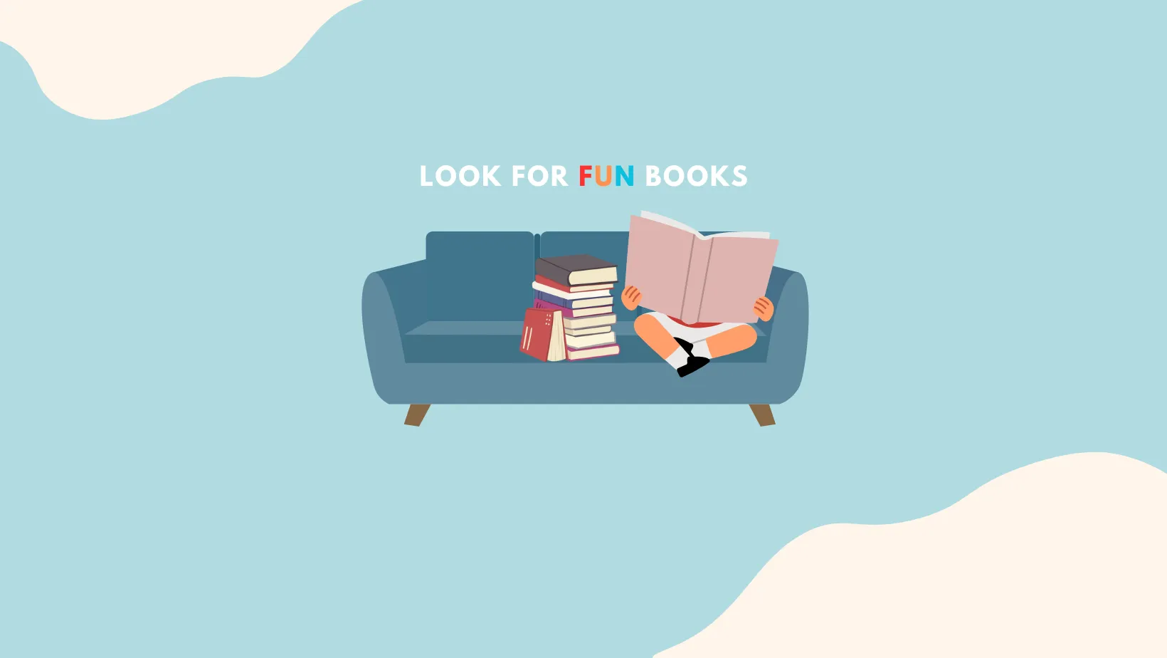 一個人坐在沙發上翻著書，旁邊疊著一落書，上面寫著 LOOK FOR FUN BOOKS